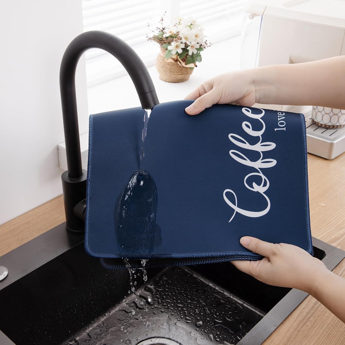 Coffee Mat 2-Pack 12x19 Inch Absorbent Non Slip Rubber Dish Drying Mat for Countertop Black