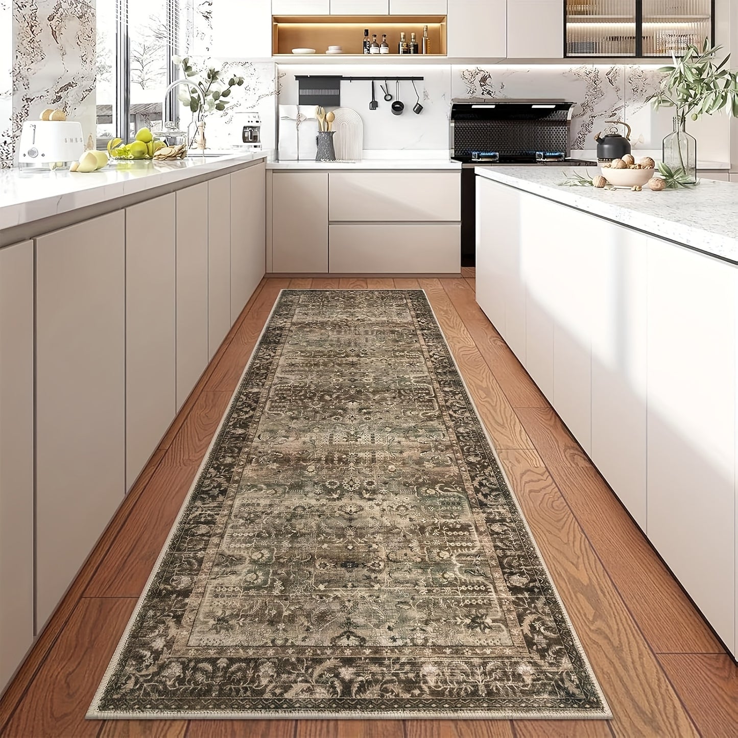 Runner Rug Non-Slip Washable Low-Pile Accent Rug, Vintage Distressed Throw Carpet, Hallway Kitchen Mat Non-Shedding, Living Room Entryway Foyer Bedroom Area Rug
