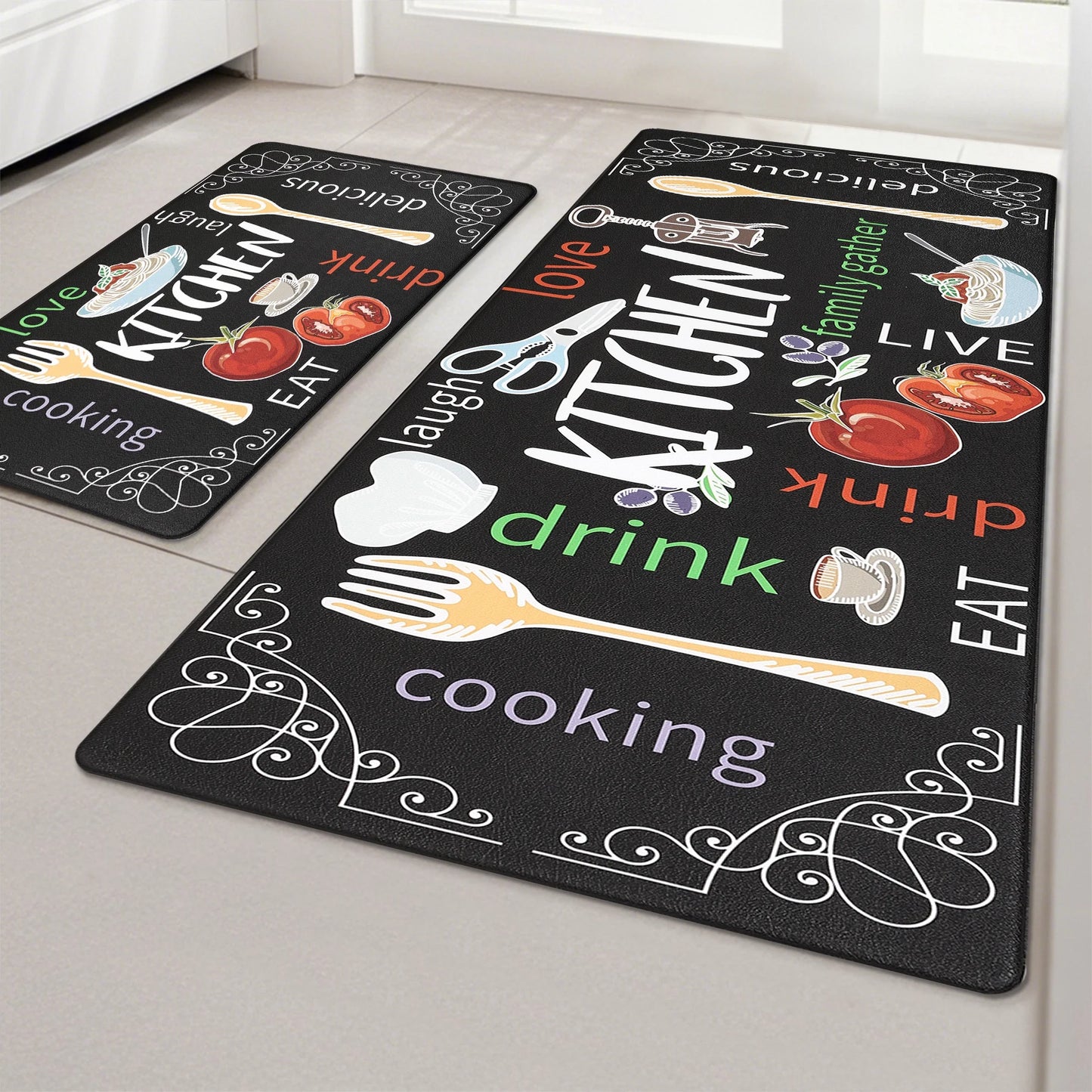 HEBE Farmhouse Kitchen Rug Set of 2, Non-Slip Anti-Fatigue Waterproof Cushioned Mat for Kitchen, Dining & Laundry Room, 18"x30"+18"x48"