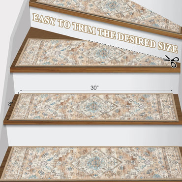 Carpet Stair Treads for Wooden Steps Indoor 8" X 30" Peel and Stick Stair Treads Non Slip Staircase Step Treads Reusable Stair Runner Rugs for Dogs, Kids and Elders, Cream Tan
