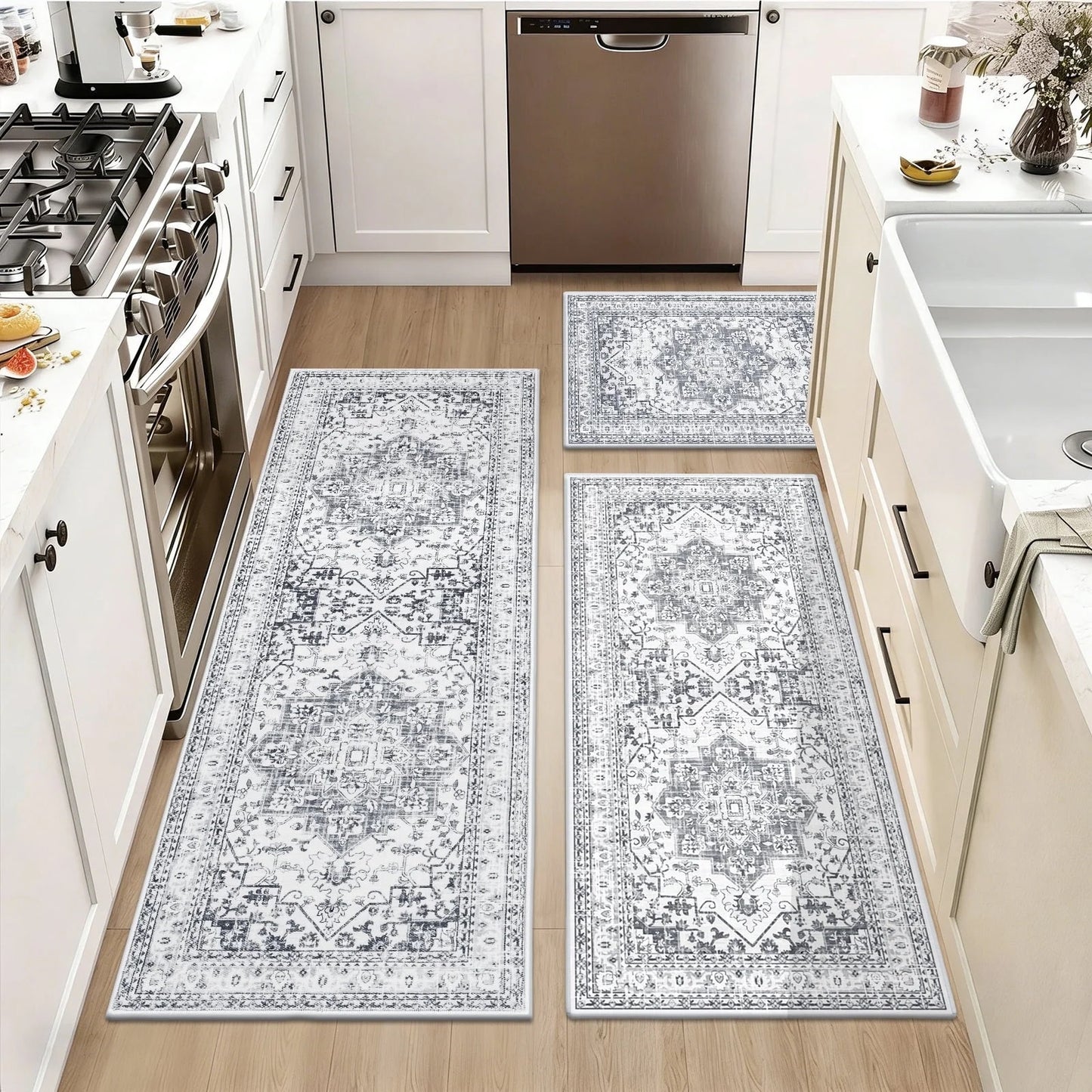 HEBE 3pcs Kitchen Rugs Set,Washable Boho Farmhouse Kitchen Mats