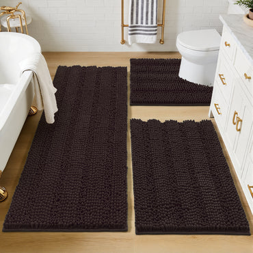 HEBE Ultra Soft Bathroom Rug Set 3 Pieces, Non Slip Thick Chenille Striped Bath Mat, Absorbent Plush Shaggy Bath Rugs for Bathroom