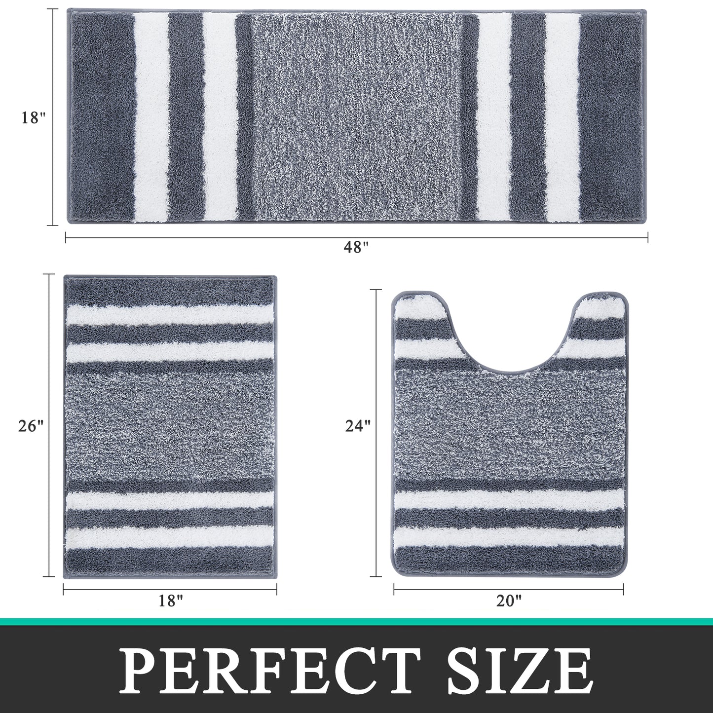 HEBE Bathroom Rugs Sets 3 Piece Bathroom Shower Rugs with U-Shaped Contour Toilet Mat Absorbent Microfiber Plush Bath Mats Non Slip Bath Rugs Machine Washable Shaggy Bath Mat Set, Dark Grey