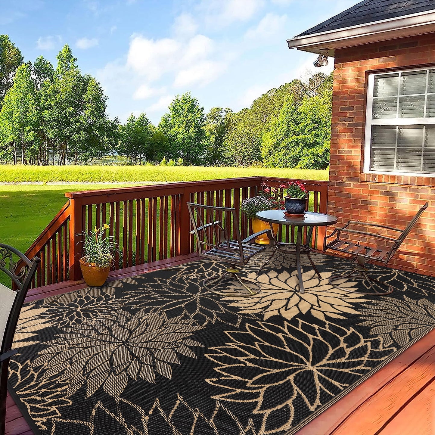 HEBE Waterproof Reversible Outdoor Rug for RV Camping Patio Deck Beach Balcony