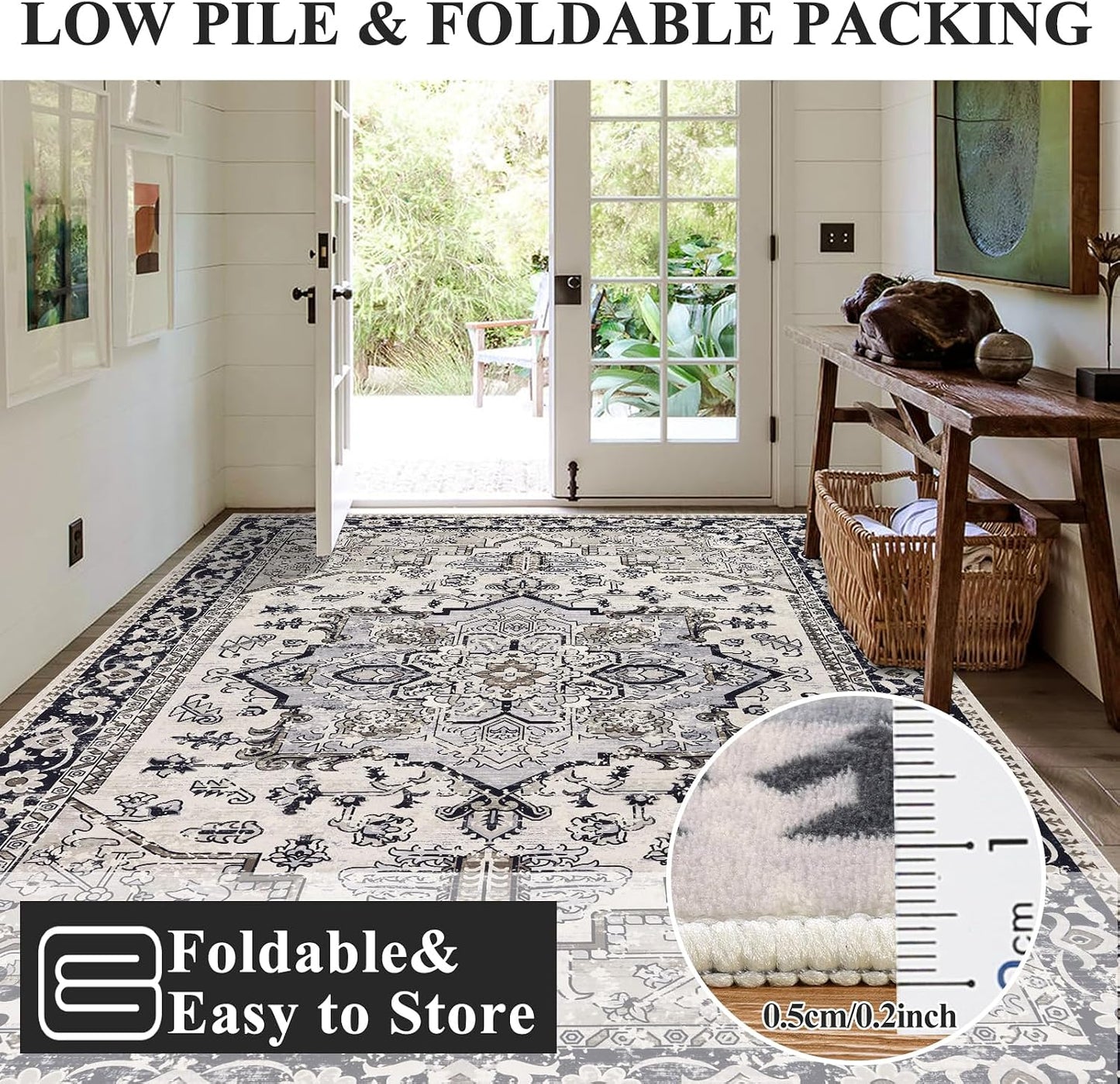 HEBE Washable Area Rug 5'x7', Non Slip Boho Rugs for Bedroom