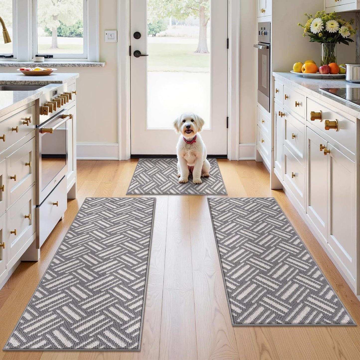 3-Piece Kitchen Rug Set, Non-Slip Basketweave Geometric Floor Mats