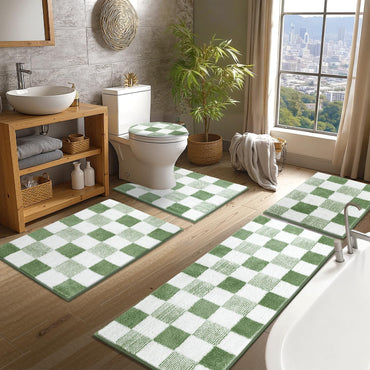 Checkered Bathroom Rug Sets 5 Piece, Non-Slip Ultra Absorbent Microfiber Bath Mats
