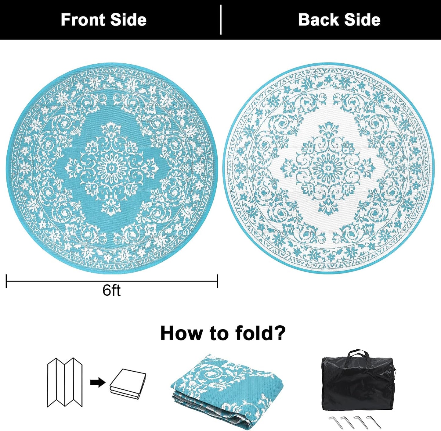 HEBE Round Outdoor Area Rug for Patios Clearance 6Ft Waterproof Mat Reversible Plastic Camping Door Mat