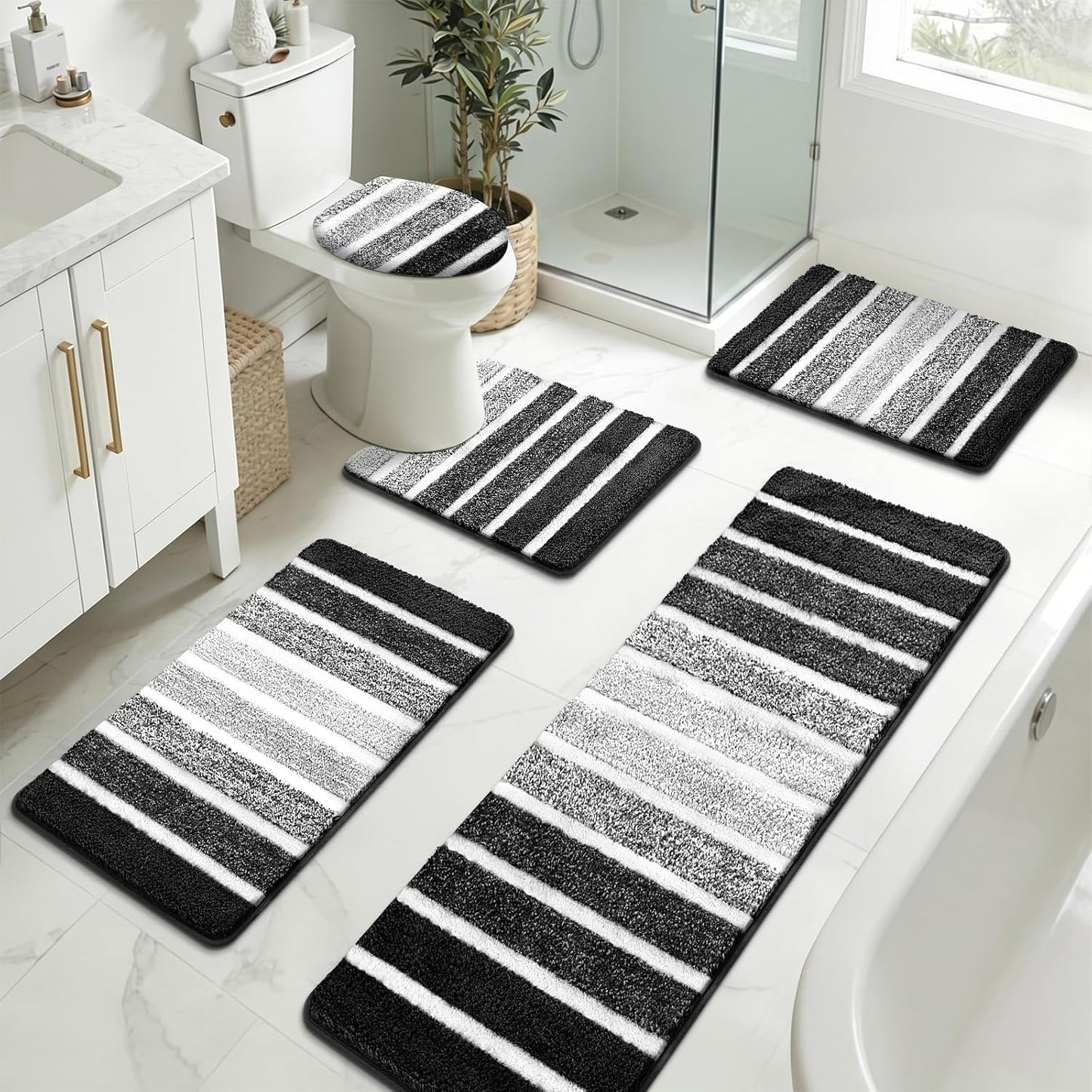 Bathroom Rugs Sets 3 Piece Bathroom Shower Rugs with U-Shaped Contour Toilet Mat Absorbent Microfiber Plush Bath Mats Non Slip Bath Rug Machine Washable Shaggy Bath Mat Set
