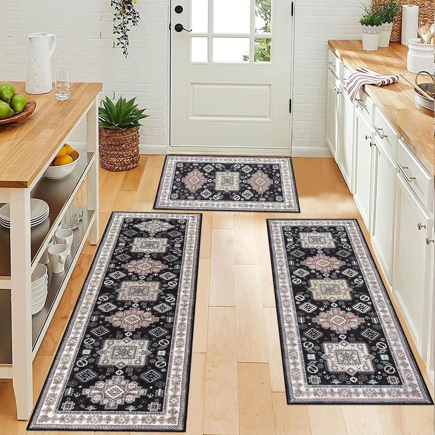 HEBE Farmhouse Kitchen Rugs Sets of 3, Kitchen Runner Rugs Non Slip Washable