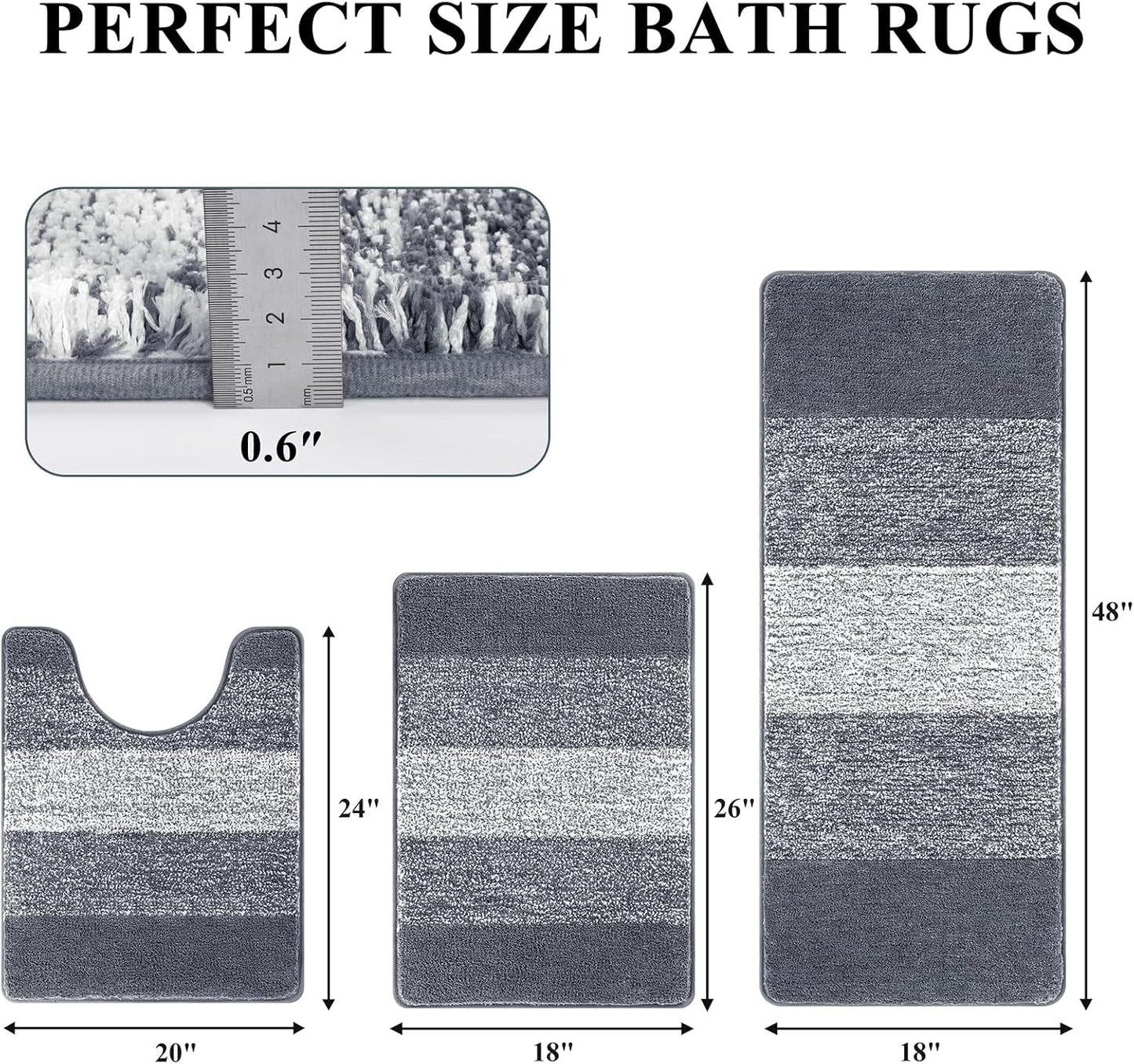 Bathroom Rugs Set 3 Piece Non Slip Washable, Microfiber Absorbent Bath Mat Floor Carpet Extra Soft
