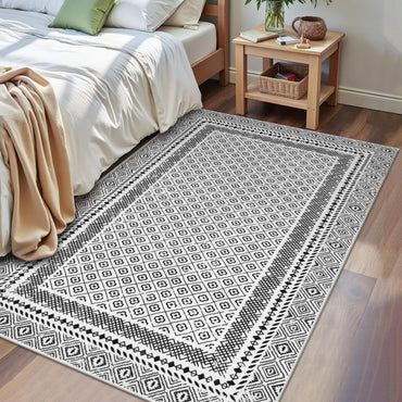 HEBE Living Room Rugs Soft Low Pile Non Slip Washable Area Rug Floor Mat for Bedroom Dining Room, Moroccan Geometric Bordered Rug