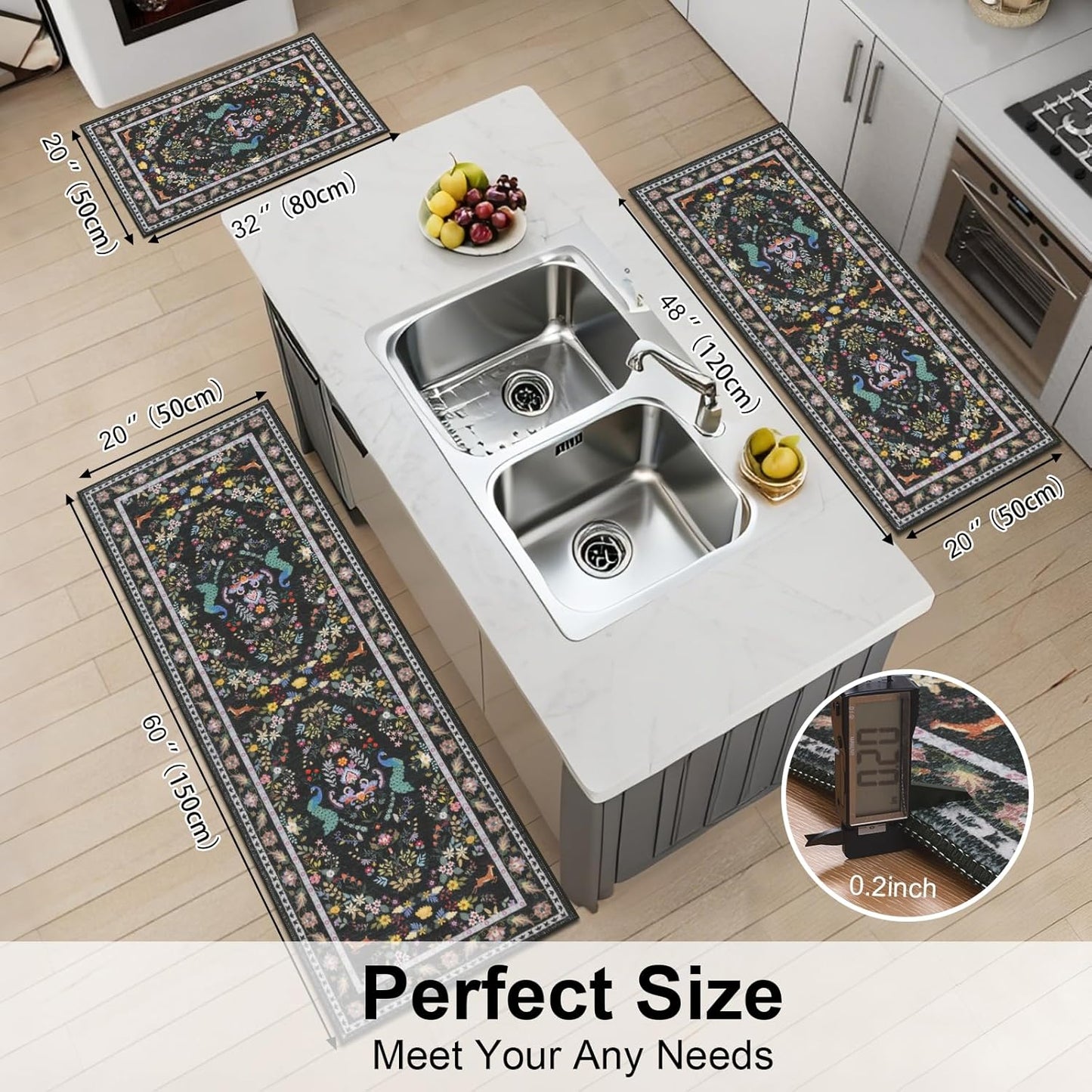 HEBE Machine Washable Non-Slip Kitchen Mat Farmhouse Kitchen Rugs Sets of 3 (20"x32"+20"x48"+20"x59")
