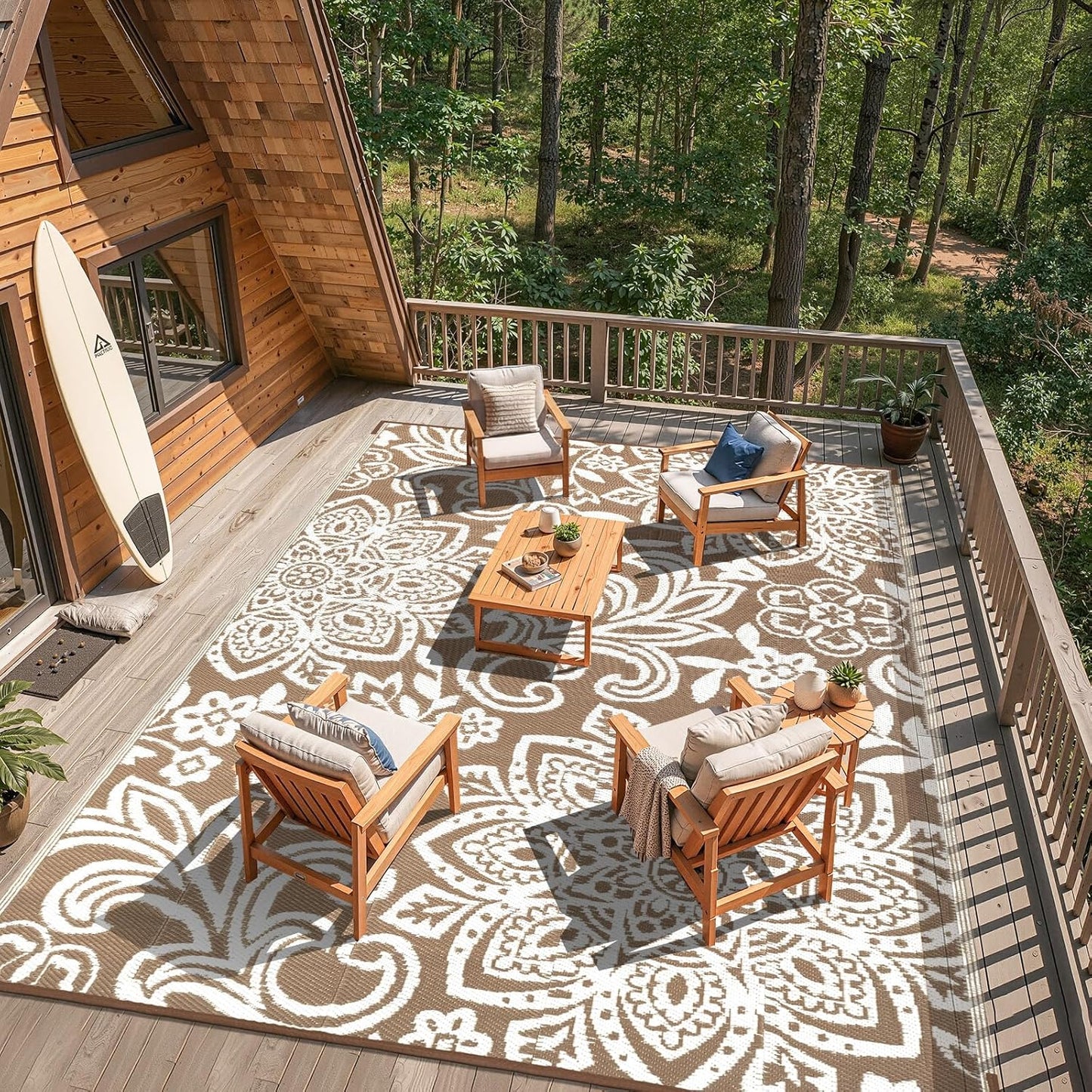 Waterproof Outdoor Rug, Reversible Mandala Outdoor Plastic Straw Rug, Durable Foldable Patio Rug for RV, Deck, Balcony, Backyard, Picnic, Porch, Camping, Beach