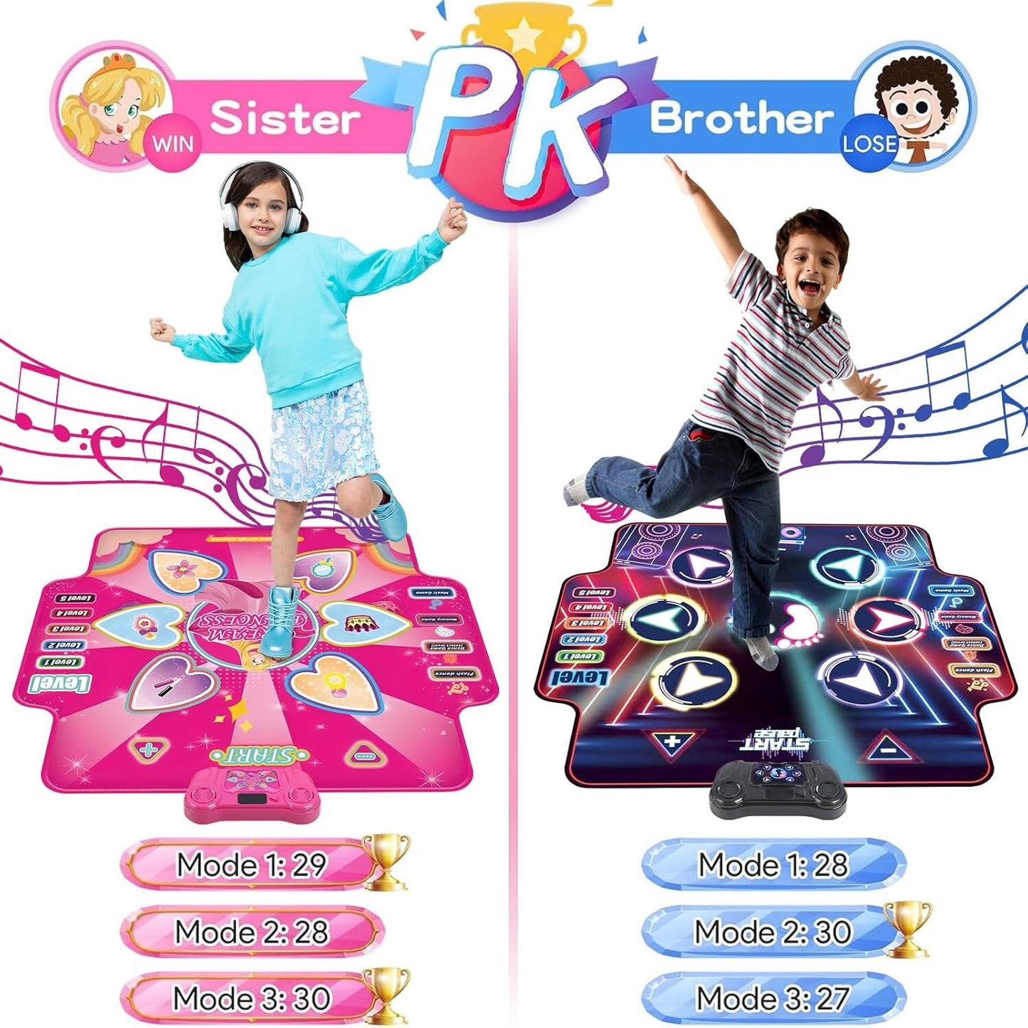 Dance Mat for Kids 1 Player,2 Player, Musical Dance Game Pad with LED Lights, Educational Dancing Playmat Toys for Girls Boys Ages 3-12, Portable Non-Slip Dance Floor Mat, Birthday, Blue Pink