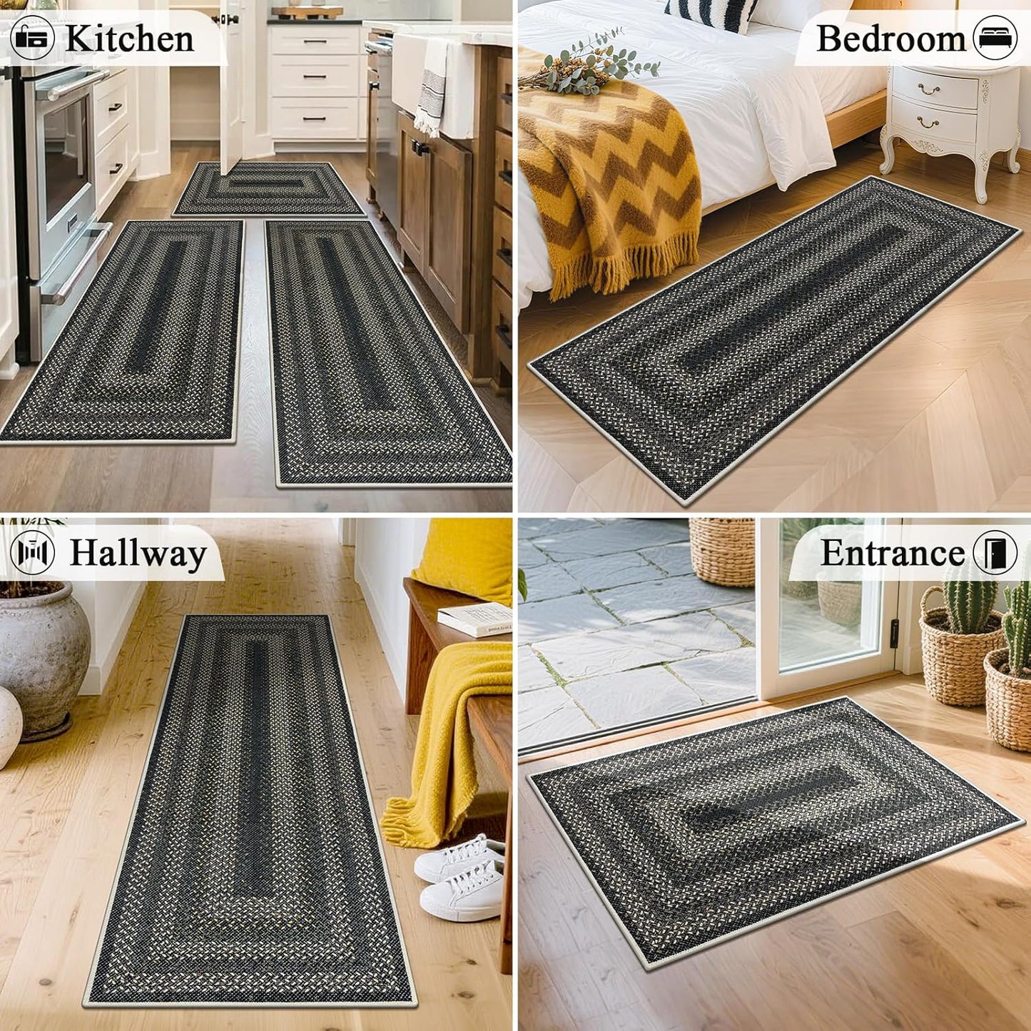 HEBE Boho Kitchen Rugs Sets 3 Piece with Runner Non Slip Kitchen Mats for Floor Washable Bohemian Runner Rug Set of 3 