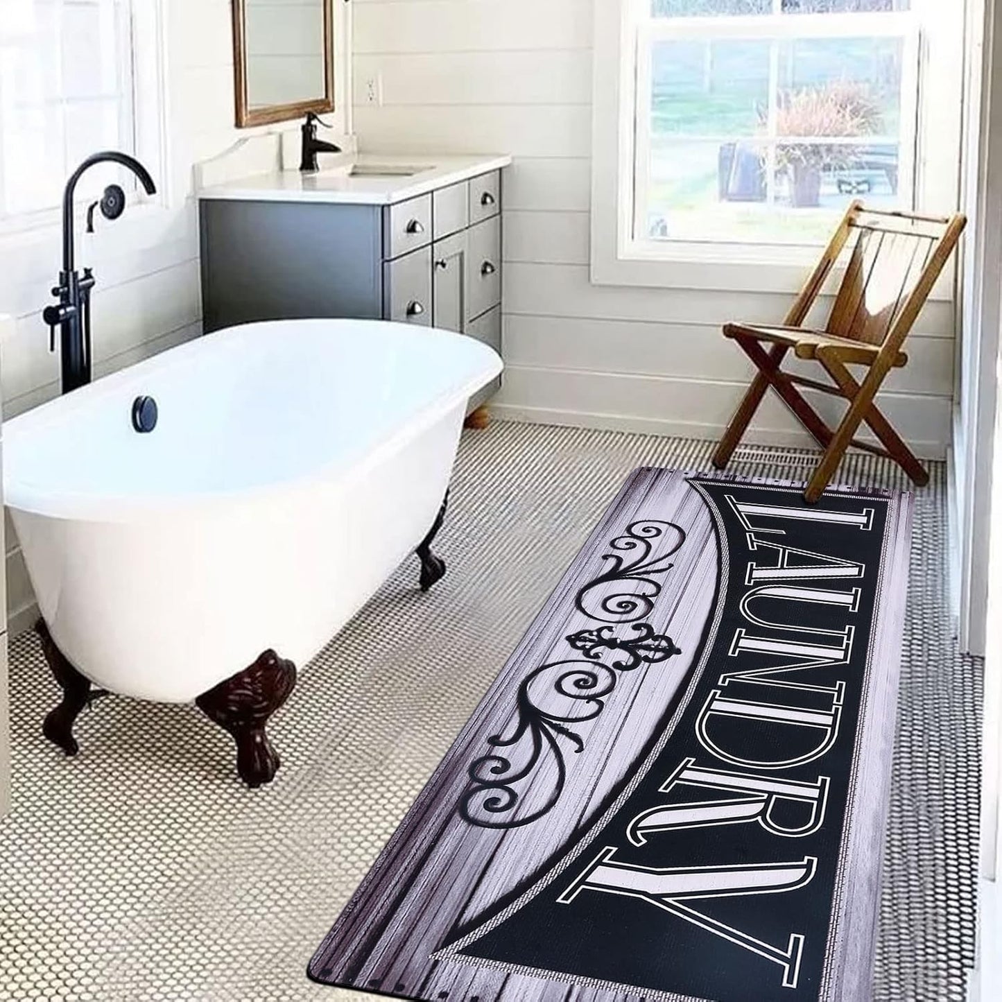 Laundry Room Rug Runner Non-Slip Runner Rug with Rubber Backing Waterproof Stain-Resistant Laundry Rug Farmhouse Laundry Mat Laundry Rugs and Mats (20" x 48", Black & Grayish-White)