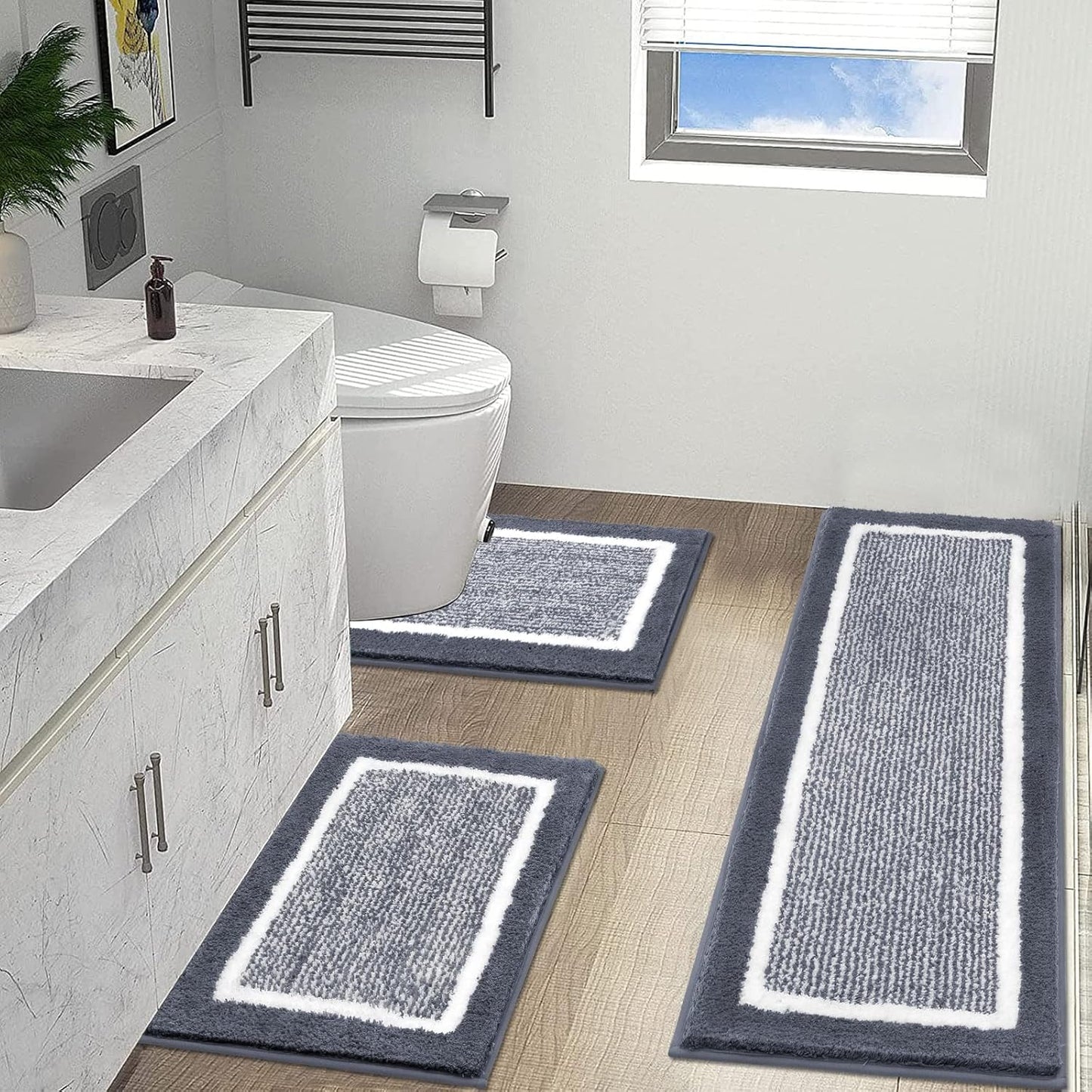 Bathroom Rug Set 3 Piece Non Slip Absorbent Bath Mats Set Microfiber Soft Bathroom Mat Plush Shaggy Bath Rugs Includes U-Shaped Toilet Mat for Bath Floor, Shower