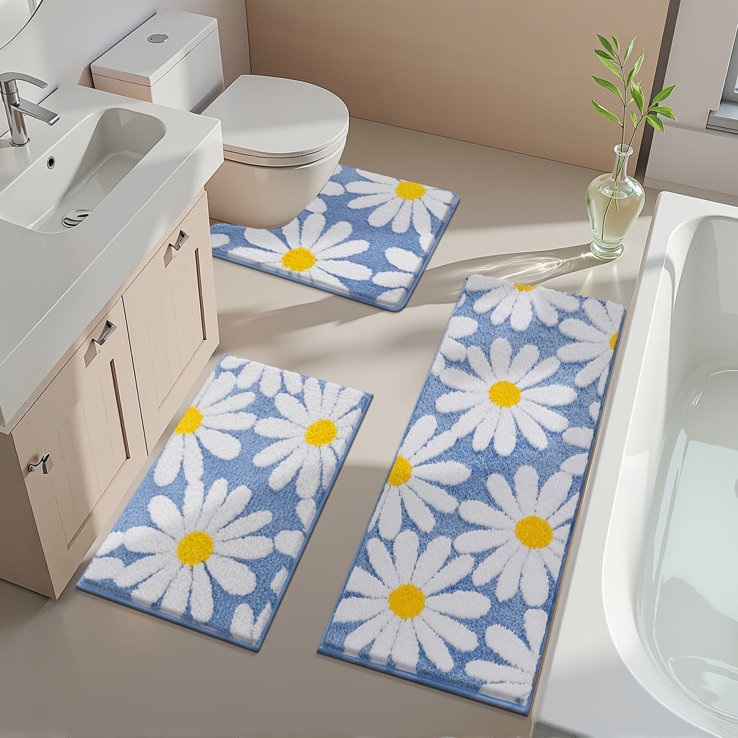 HEBE Boho Bathroom Rugs Set 3 Piece, Non Slip Washable Bath Mat Set