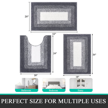 HEBE Microfiber Bathroom Rugs Sets 3 Piece, Non Slip Bath Rugs for Bathroom, Absorbent Plush Shaggy Bath Mat with U-Shaped Contour Toilet Mat Machine Washable