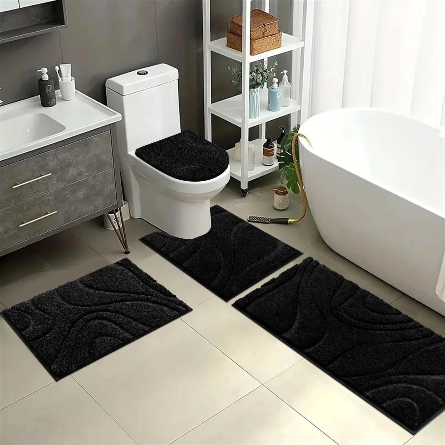 HEBE Bathroom Rugs Sets 4 Piece, Super Soft and Absorbent Non Slip Microfiber Toilet Bathroom Mats