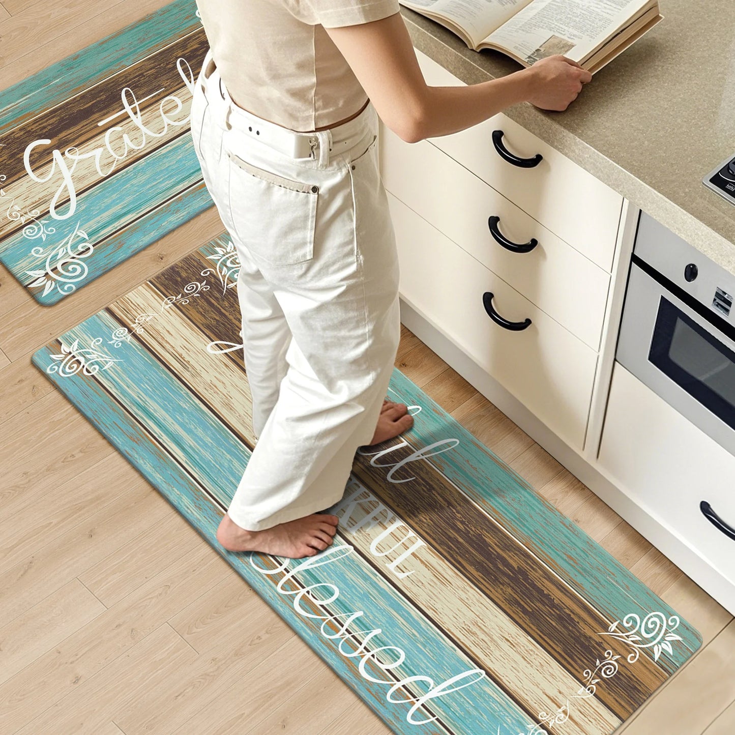 HEBE Farmhouse Kitchen Rug Set of 2, Non-Slip Anti-Fatigue Waterproof Cushioned Mat for Kitchen, Dining & Laundry Room, 18"x30"+18"x48"