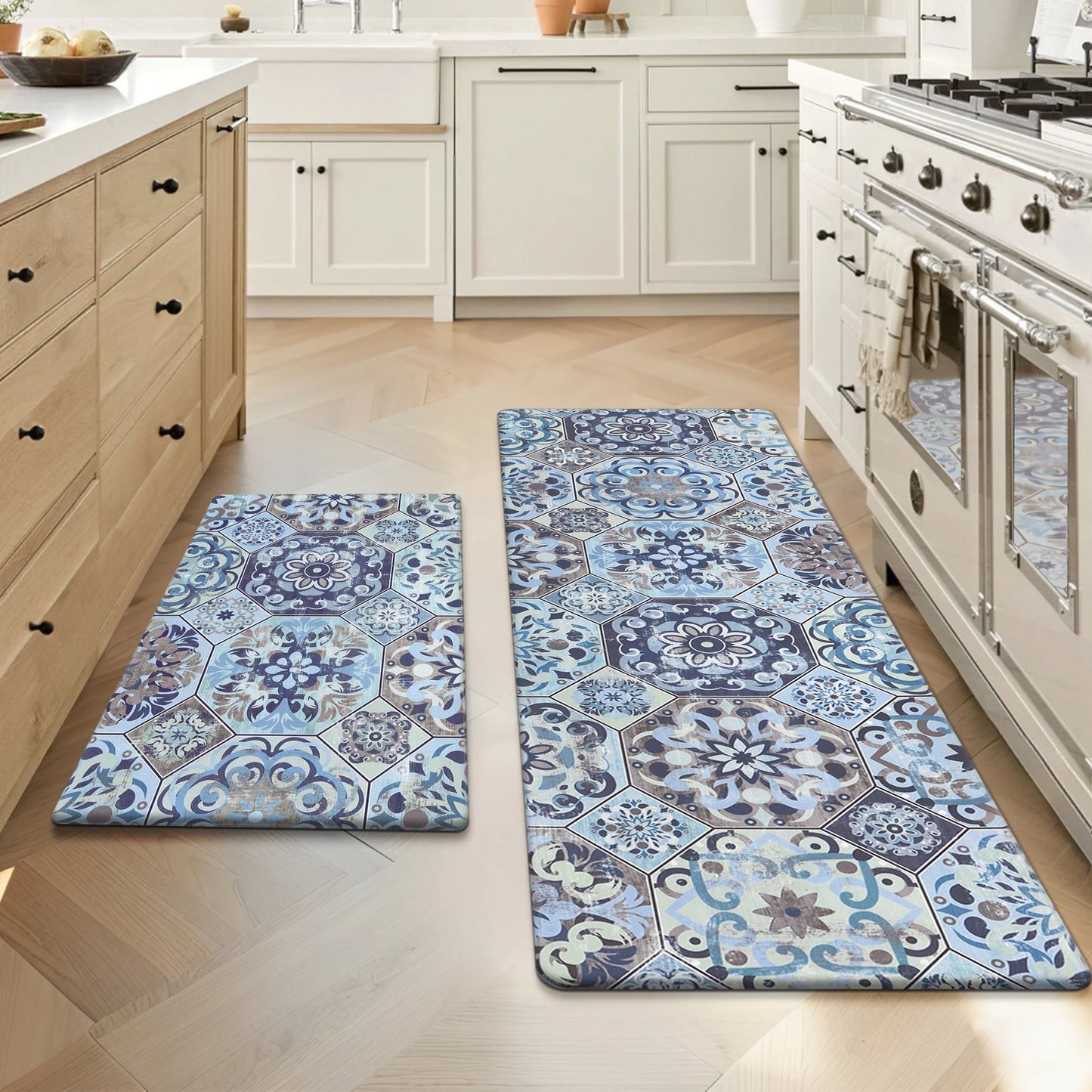 HEBE Boho Kitchen Rug Set of 2, Non-Slip Anti-Fatigue Waterproof Cushioned Mat for Kitchen, Dining & Laundry Room, 18"x30"+18"x48"