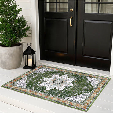 HEBE Bohemian Vintage Area Rug Machine Washable Low-Pile Accent Carpet, Non-Shedding Non-Slip Living Room Floor Throw Rugs for Bedroom,Dining Room,Kids Playroom,Rv,Office(Green)