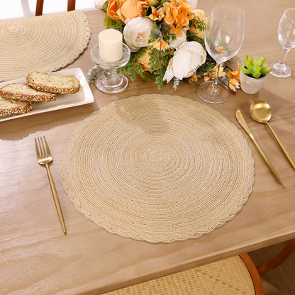 HEBE 15" Braid Round Placemat Set of 6, Large Cotton Woven Non-Slip Placemat Set of 6 Heat Resistant Placemat 6 Piece