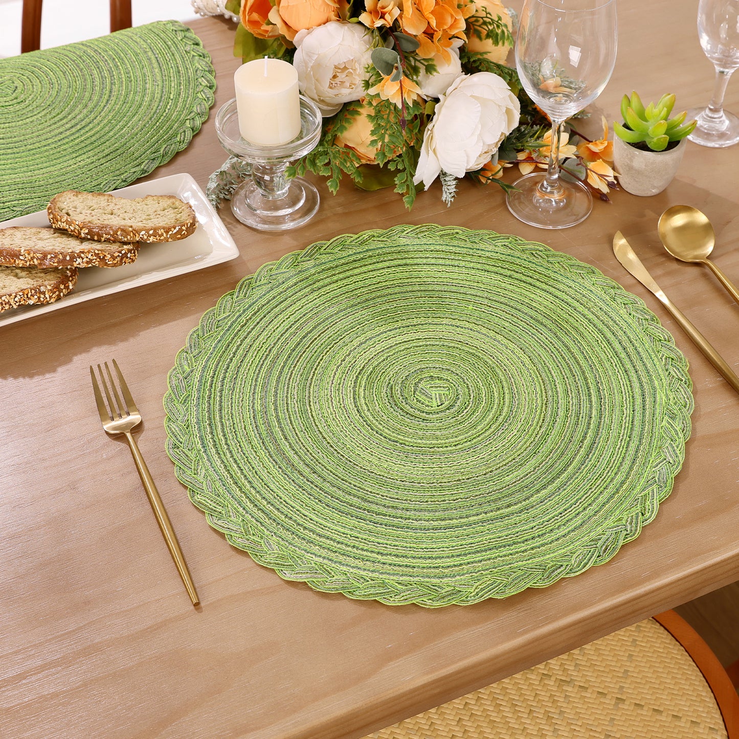 HEBE 15" Braid Round Placemat Set of 6, Large Cotton Woven Non-Slip Placemat Set of 6 Heat Resistant Placemat 6 Piece