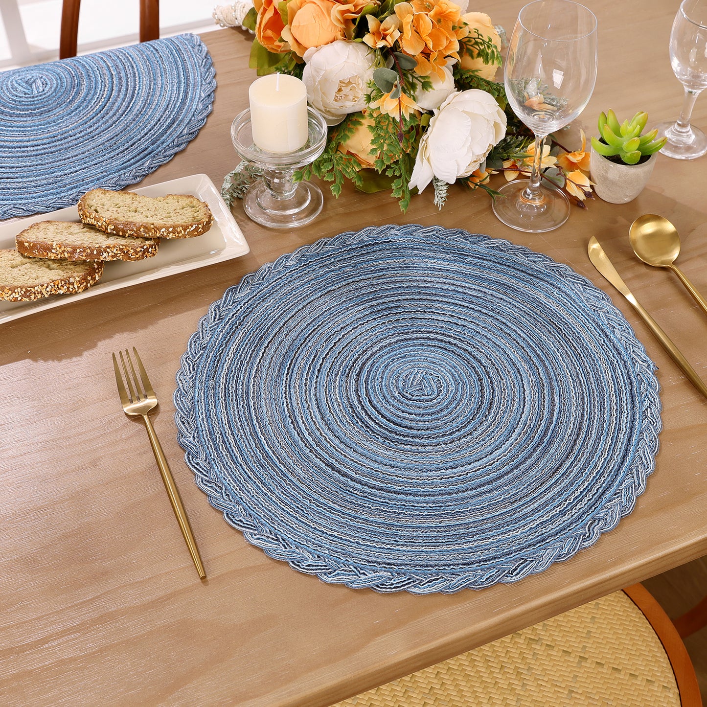 HEBE 15" Braid Round Placemat Set of 6, Large Cotton Woven Non-Slip Placemat Set of 6 Heat Resistant Placemat 6 Piece