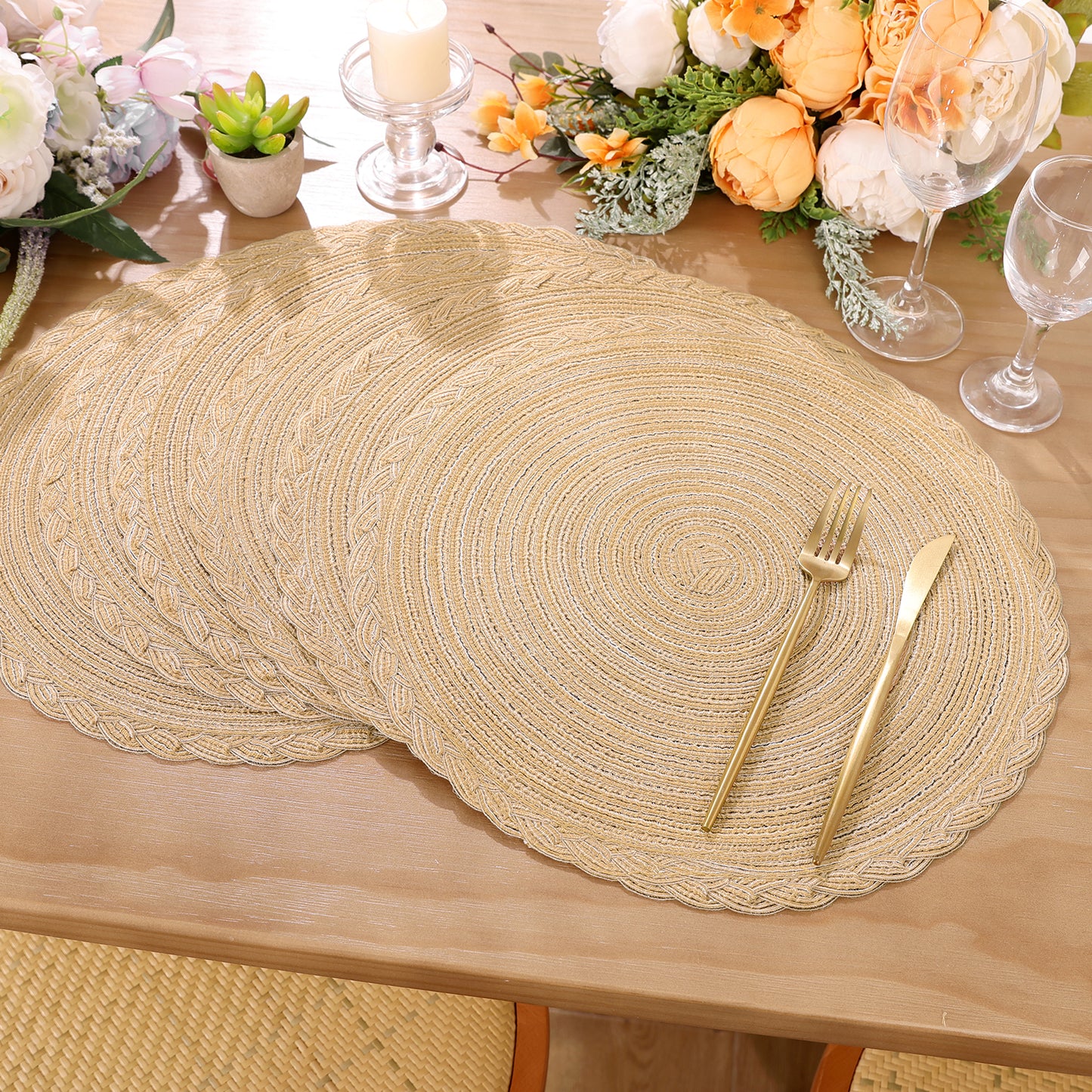 HEBE 15" Braid Round Placemat Set of 6, Large Cotton Woven Non-Slip Placemat Set of 6 Heat Resistant Placemat 6 Piece