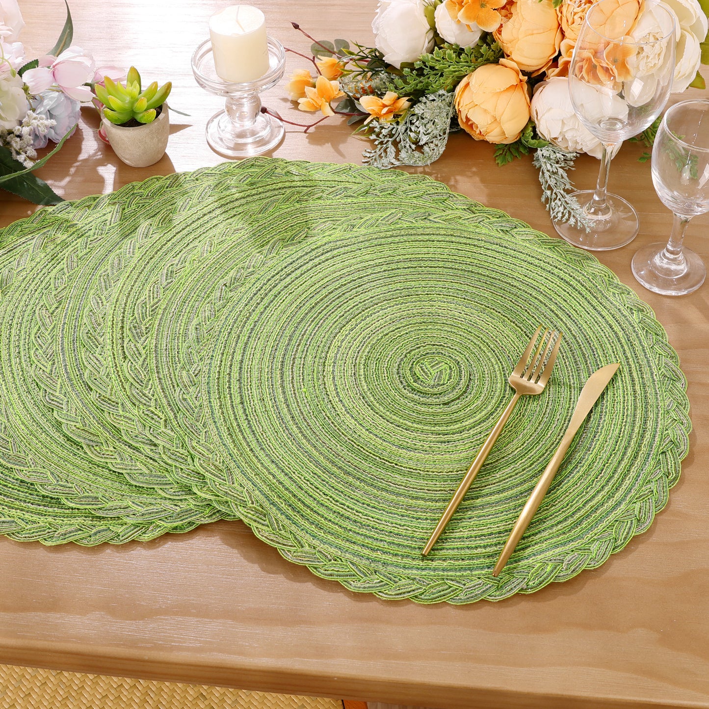 HEBE 15" Braid Round Placemat Set of 6, Large Cotton Woven Non-Slip Placemat Set of 6 Heat Resistant Placemat 6 Piece