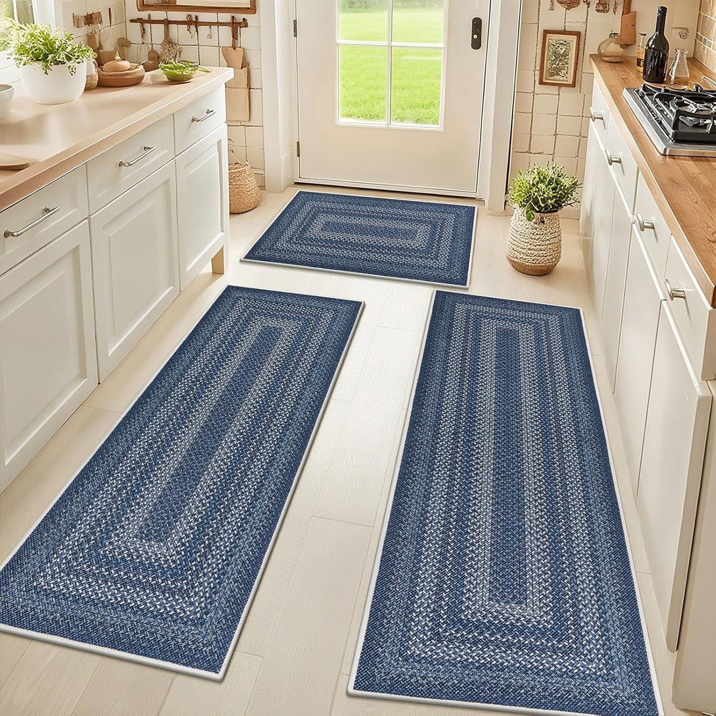 HEBE Boho Kitchen Rugs Sets 3 Piece with Runner Non Slip Kitchen Mats for Floor Washable Bohemian Runner Rug Set of 3 ﻿