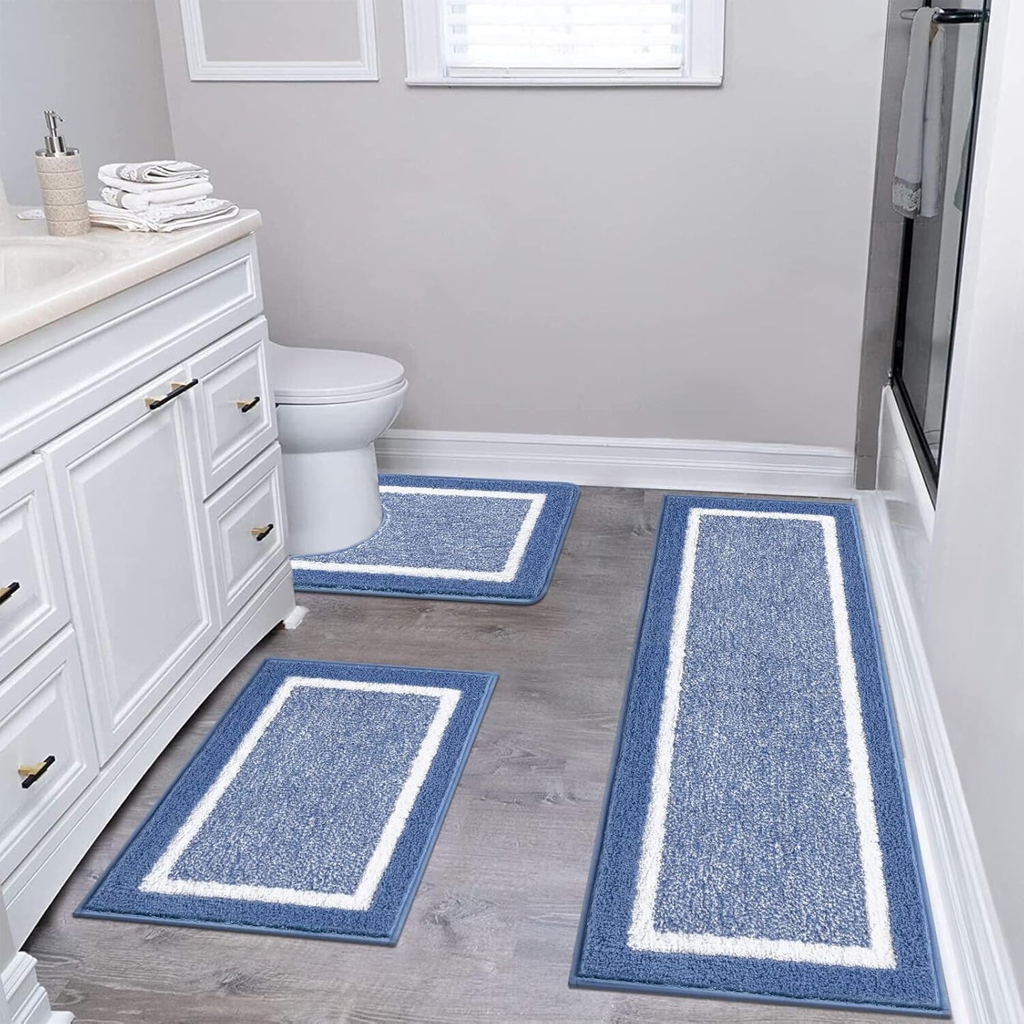 HEBE Bathroom Rug Mat Set 3 Piece, Microfiber Shaggy Bath Set, Non-Slip Ultra Soft Carpet Mats, Absorbent with U-Shaped Toilet for Bathroom, Tub, Shower