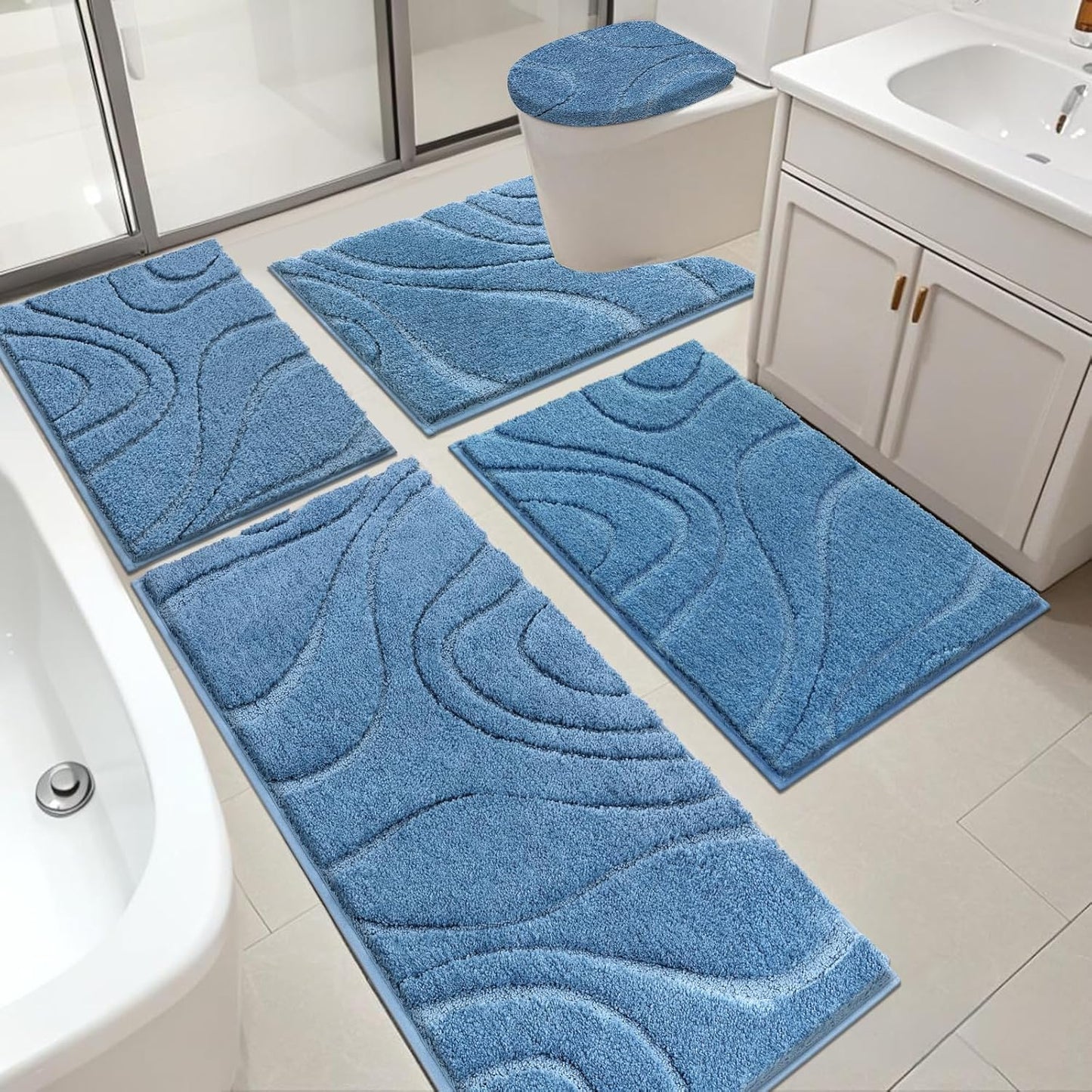 HEBE Bathroom Rugs Sets 5 Piece, Soft Absorbent Microfiber Bath Mat for Bathroom, Non Slip Washable Bath Rug Set with Toilet Cover, Bath Runner and U-Shaped Contour Toilet Rug