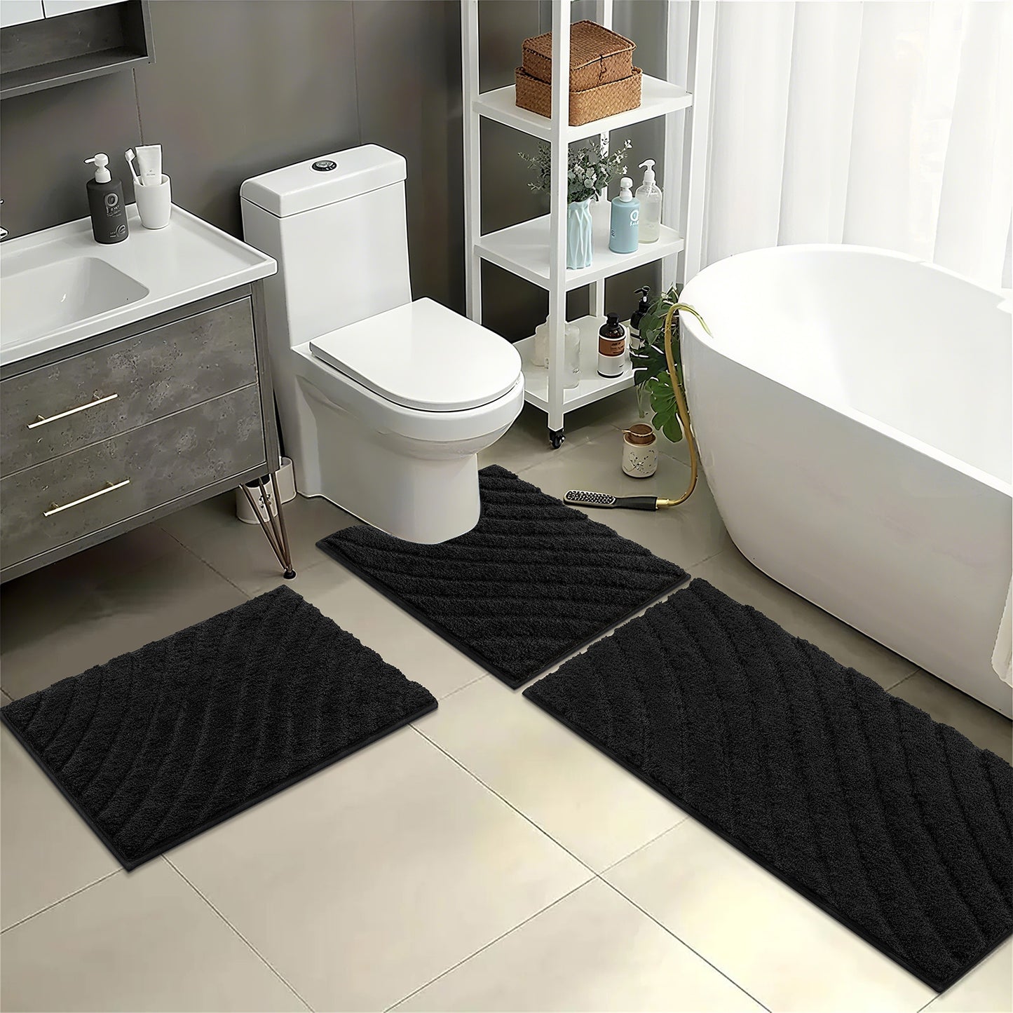 HEBE Microfiber Bathroom Rugs Sets 3 Piece,Super Absorbent Non Slip Bath Mats Rugs for Bathroom