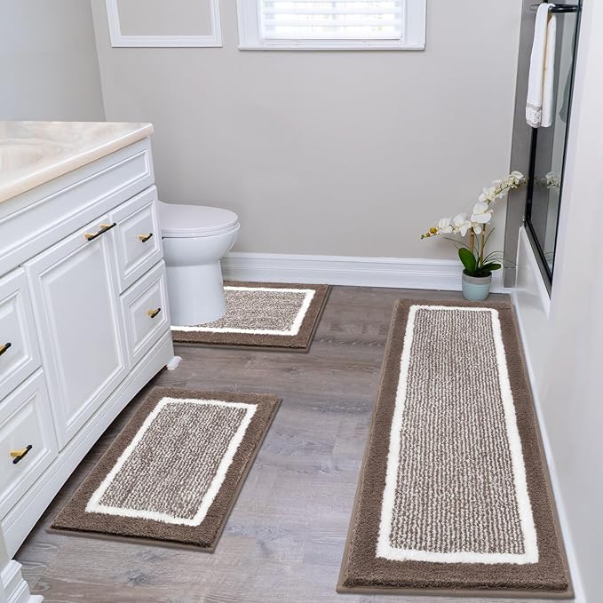 Bathroom Rug Set 3 Piece Non Slip Absorbent Bath Mats Set Microfiber Soft Bathroom Mat Plush Shaggy Bath Rugs Includes U-Shaped Toilet Mat for Bath Floor, Shower