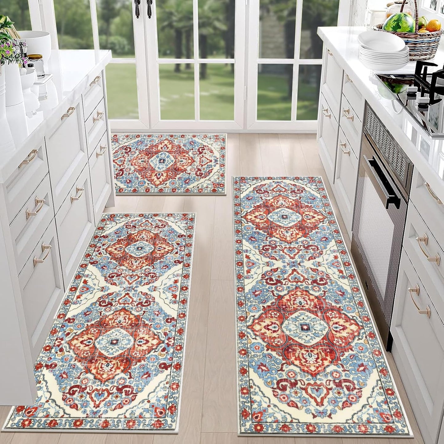 Farmhouse Kitchen Rugs Sets of 3 Non Slip Washable Boho Kitchen Rugs and Mats for Floor Kitchen Runner Rug Floor Carpet for Kitchen, Laundry, Hallways