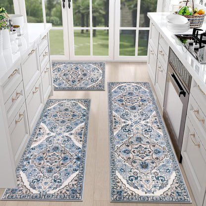 Farmhouse Kitchen Rugs Sets of 3 Non Slip Washable Boho Kitchen Rugs and Mats for Floor Kitchen Runner Rug Floor Carpet for Kitchen, Laundry, Hallways