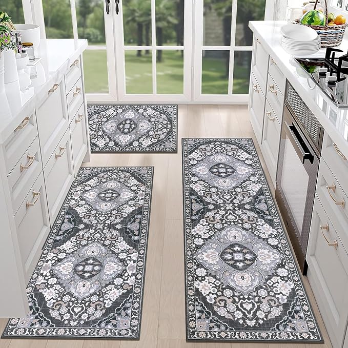 Farmhouse Kitchen Rugs Sets of 3 Non Slip Washable Boho Kitchen Rugs and Mats for Floor Kitchen Runner Rug Floor Carpet for Kitchen, Laundry, Hallways