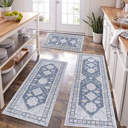 Boho Kitchen Rug Sets 3 Piece with Runner Non Slip Kitchen Rugs and Mats Washable Kitchen Mats for Floor Thick Kitchen Floor Mat Carpet Runner Rugs for Hallway Laundry Holiday Decor