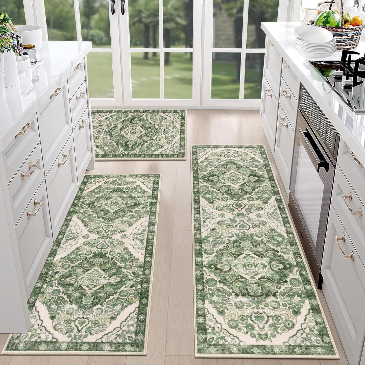 Farmhouse Kitchen Rugs Sets of 3 Non Slip Washable Boho Kitchen Rugs and Mats for Floor Kitchen Runner Rug Floor Carpet for Kitchen, Laundry, Hallways