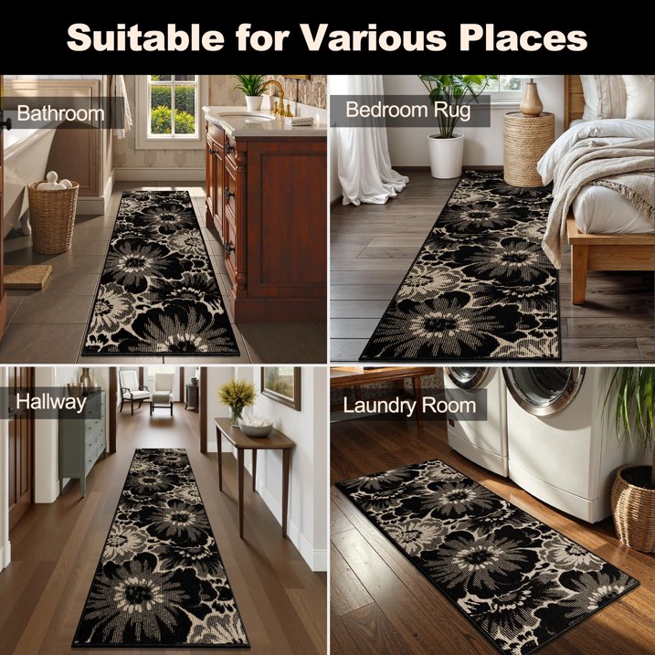 HEBE Runner Rug for Hallway,Non-slip Machine Washable Runners Flower Floor Mats Low Pile Carpet Rug Runner with Rubber Backing