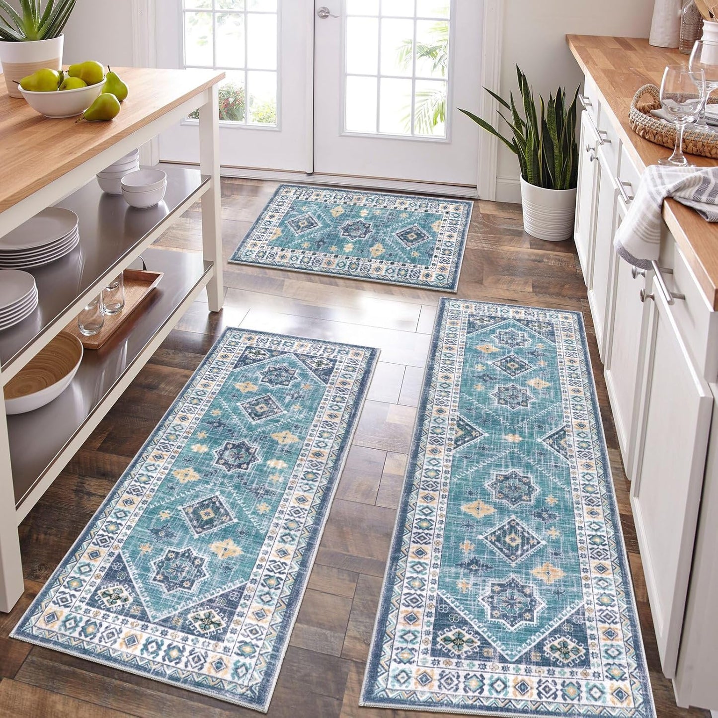 Boho Kitchen Rug Sets 3 Piece with Runner Non Slip Kitchen Rugs and Mats Washable Kitchen Mats for Floor Thick Kitchen Floor Mat Carpet Runner Rugs for Hallway Laundry Holiday Decor