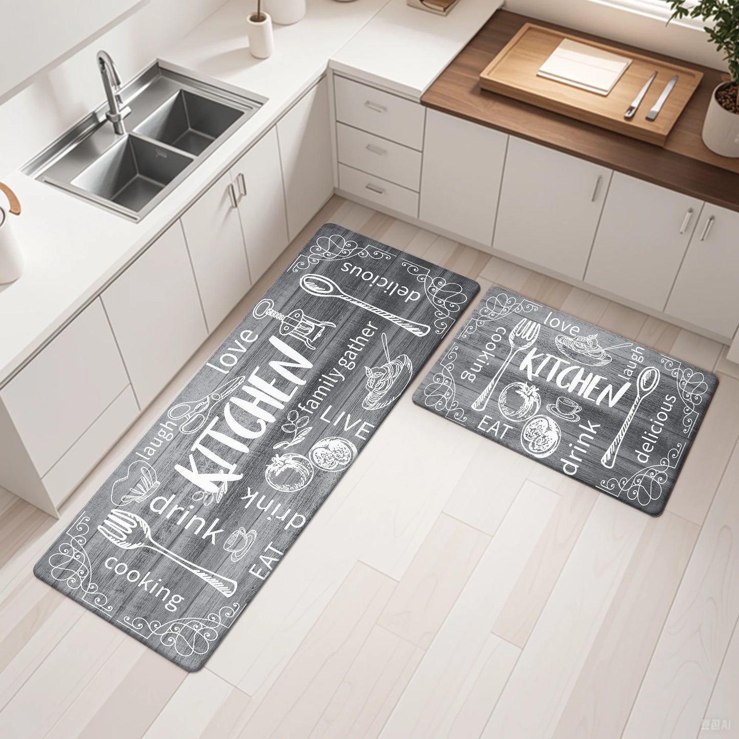 HEBE Farmhouse Kitchen Rug Set of 2, Non-Slip Anti-Fatigue Waterproof Cushioned Mat for Kitchen, Dining & Laundry Room, 18"x30"+18"x48"