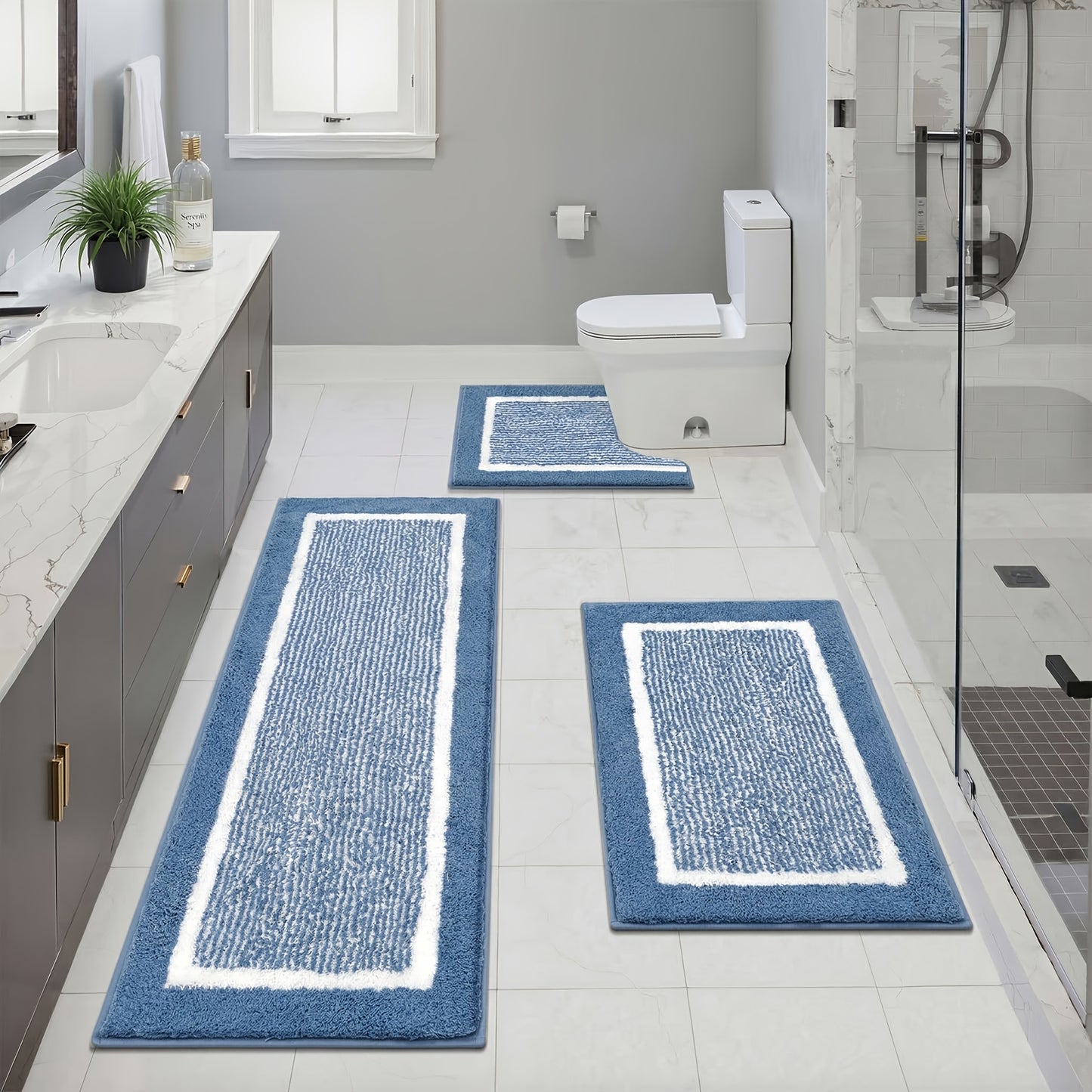 Bathroom Rug Set 3 Piece Non Slip Absorbent Bath Mats Set Microfiber Soft Bathroom Mat Plush Shaggy Bath Rugs Includes U-Shaped Toilet Mat for Bath Floor, Shower
