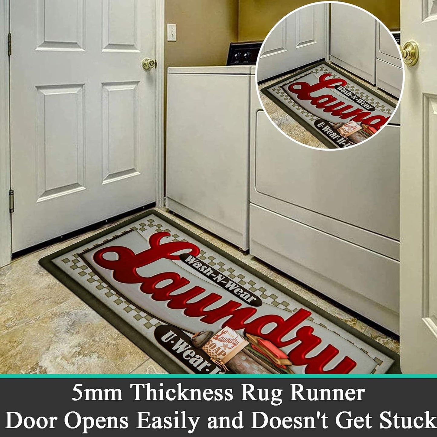 Laundry Room Rug Runner  Non Slip Waterproof Rubber Backing Laundry Mat