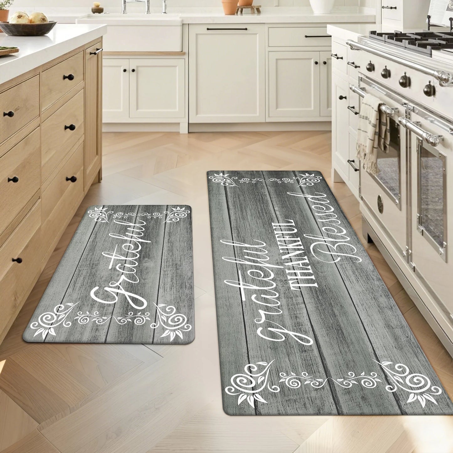 HEBE Farmhouse Kitchen Rug Set of 2, Non-Slip Anti-Fatigue Waterproof Cushioned Mat for Kitchen, Dining & Laundry Room, 18"x30"+18"x48"