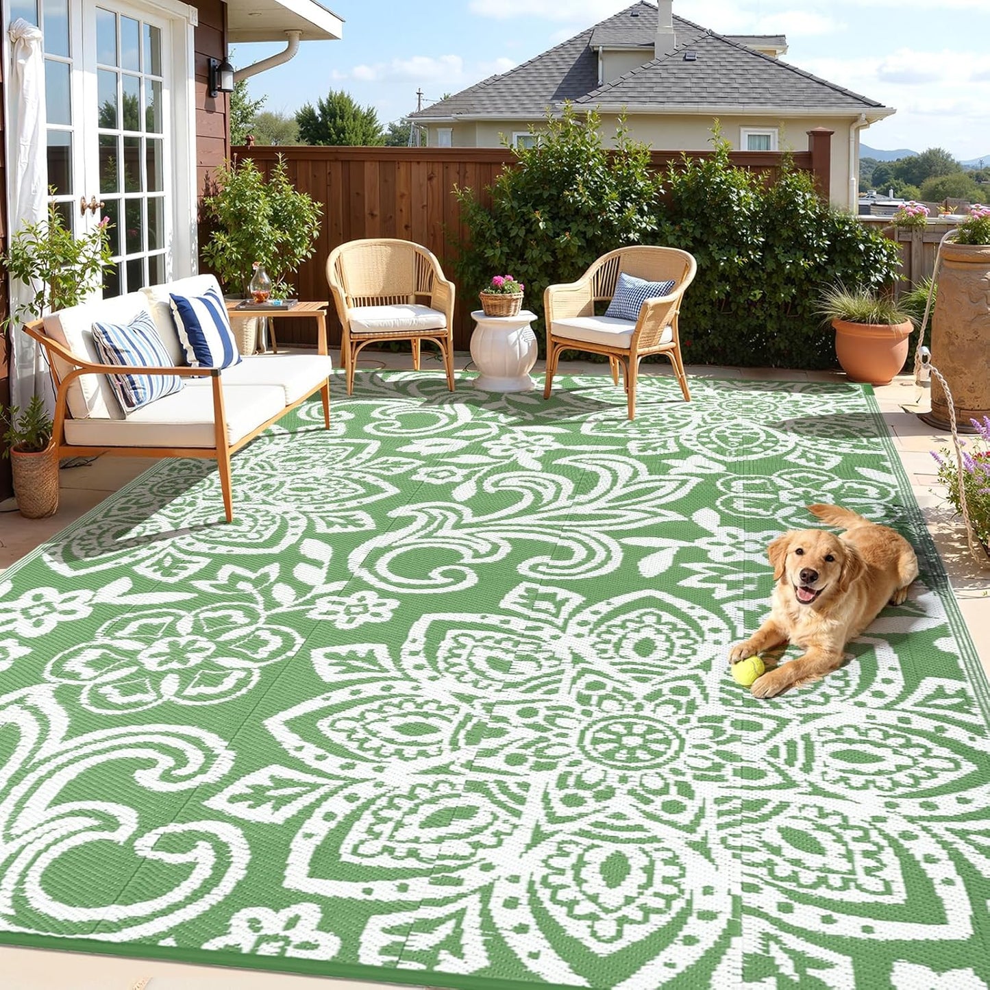 Waterproof Outdoor Rug, Reversible Mandala Outdoor Plastic Straw Rug, Durable Foldable Patio Rug for RV, Deck, Balcony, Backyard, Picnic, Porch, Camping, Beach